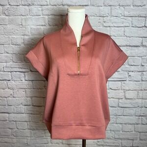 Zenana Women's S/M Winter Rose Scuba Half Zip Short Sleeve Top Casual Chic